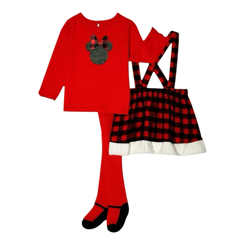 Disney Baby Minnie Mouse Size 12 Month Flannel Jumper Dress & Tights Outfit New
